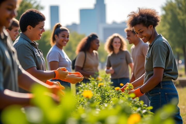 Diverse group of people from Dallas community organizations collaborating with Little Pepe team members at a local park clean-up event, showing strong community engagement.