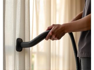 A pair of elegant curtains being gently cleaned with special equipment, removing dust.