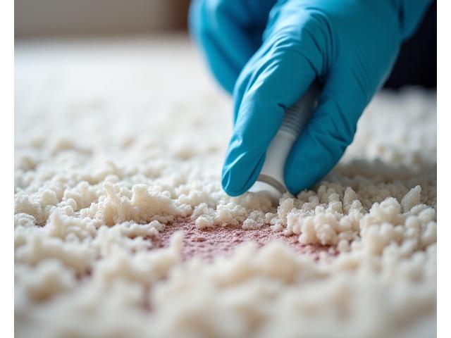 Close-up of a carpet being treated with a specialized pet odor removal solution, showing foam and liquid penetrating the fibers.