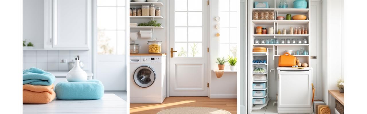 Various clean and organized utility areas like a laundry room, pantry, and a neatly stored attic or basement.