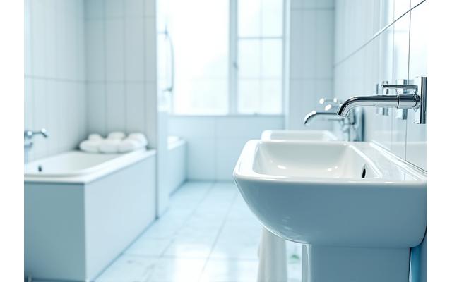 A brightly lit, sanitized bathroom with clean tiles, polished fixtures, and no mildew in sight.