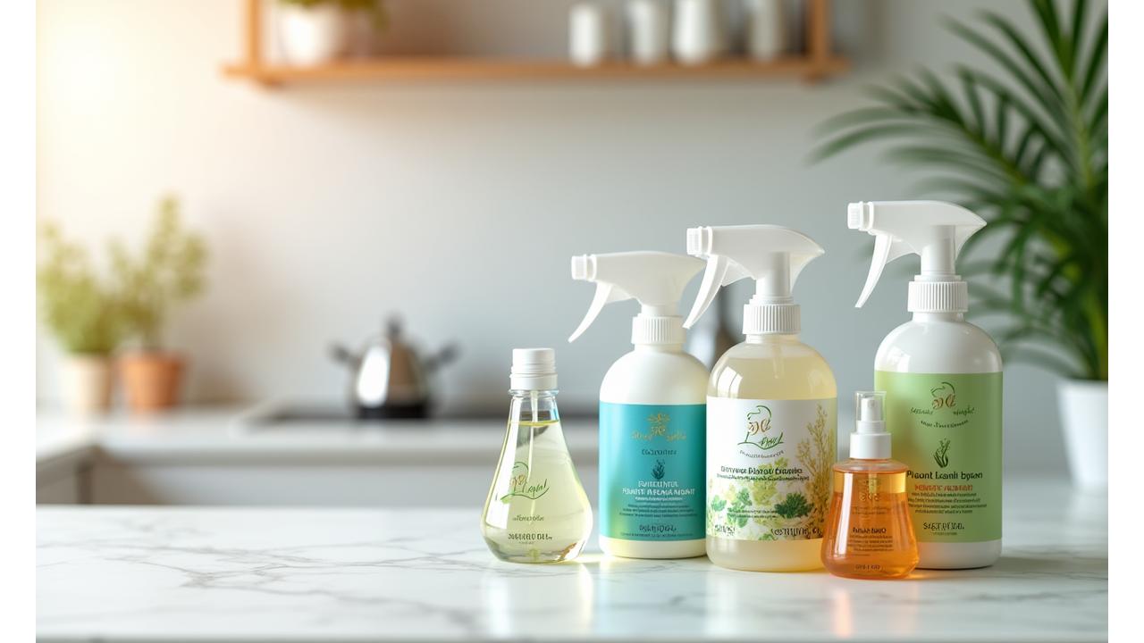 Variety of eco-friendly cleaning products on a kitchen counter, with blurred background of a clean home interior, emphasizing non-toxic and natural ingredients.