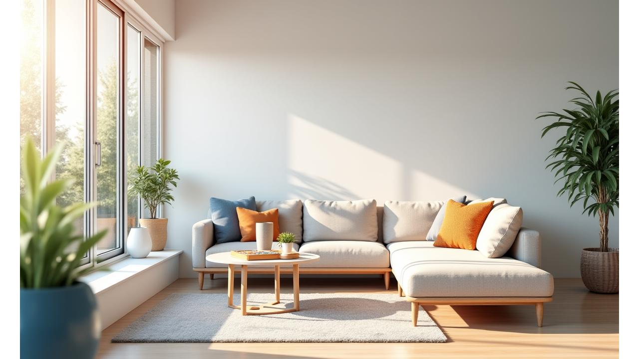 Spacious, sparkling clean living room with natural light, showing a family enjoying a healthy and tidy home environment after a deep clean.