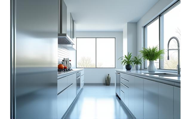 A gleaming, spotless kitchen with stainless steel appliances and clean countertops.