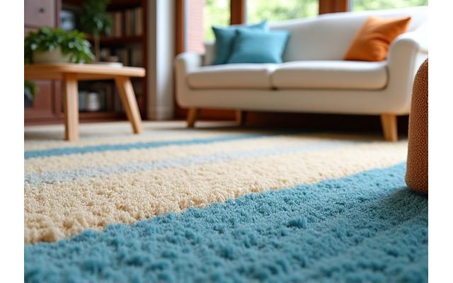 A bright, inviting living room with recently vacuumed carpet and furniture moved and cleaned around.