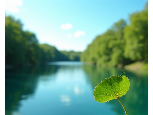 A serene landscape showing clean water, lush trees, and clear skies, with subtle hints of cleaning activity, symbolizing environmental protection.