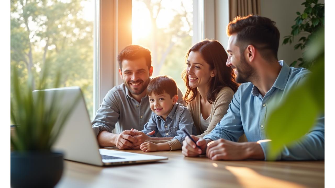 A family laughing in a clean, brightly lit home, with subtle green elements in the background, symbolizing health and environmental care.