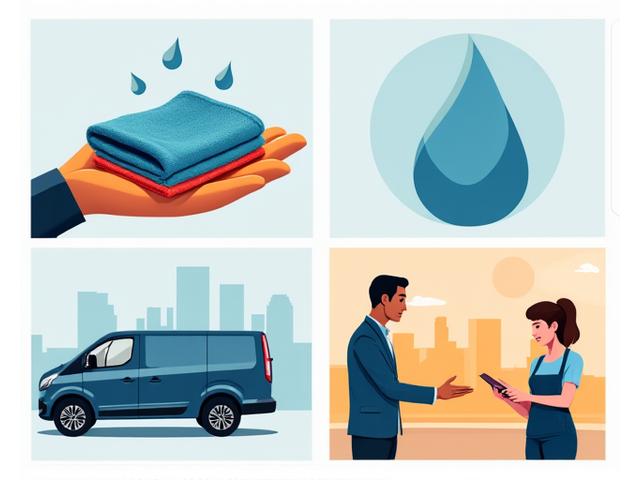 A collage representing sustainable cleaning practices: microfiber cloths, water droplets, a hybrid cleaning van, and a professional cleaner undergoing training.