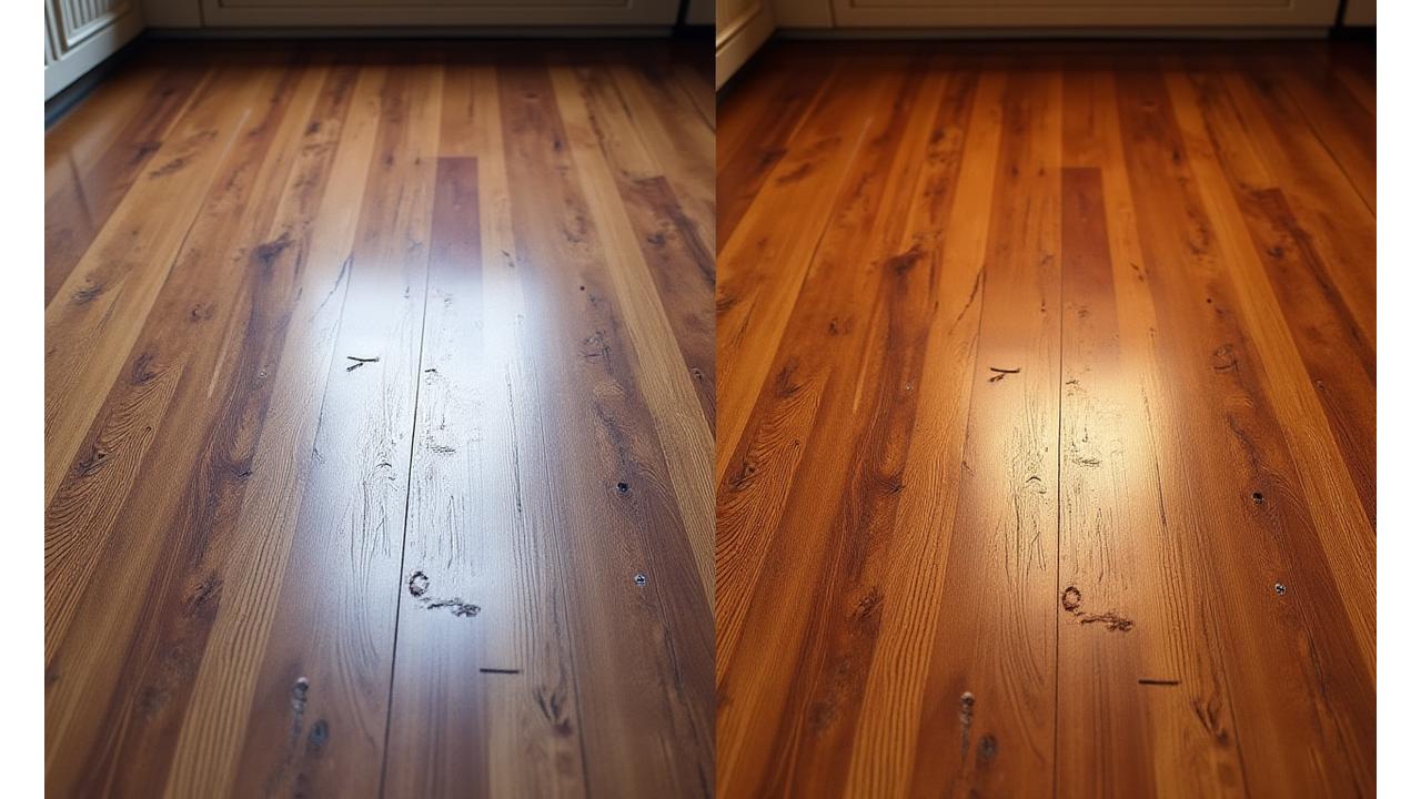 Before and after image of a floor restoration, showing a dull, scratched floor transformed into a gleaming, polished surface.