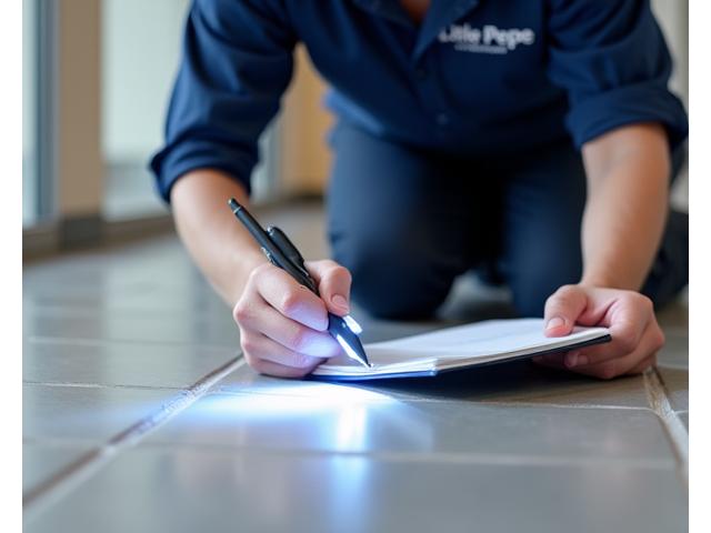 Cleaning professional meticulously examining a floor for damage and wear.