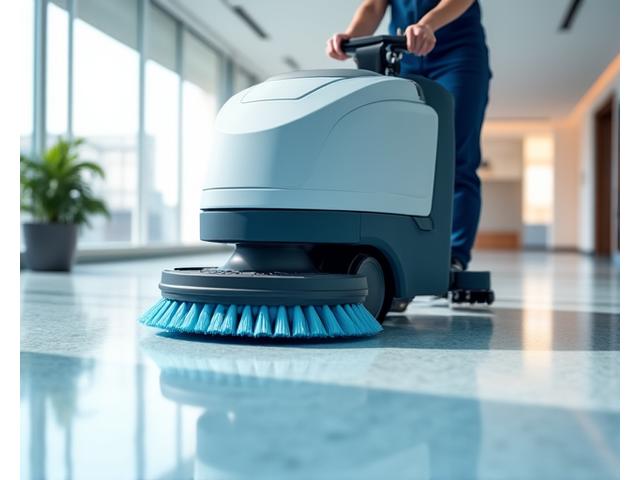 High-power floor cleaning machine at work, removing dirt from a tiled floor.