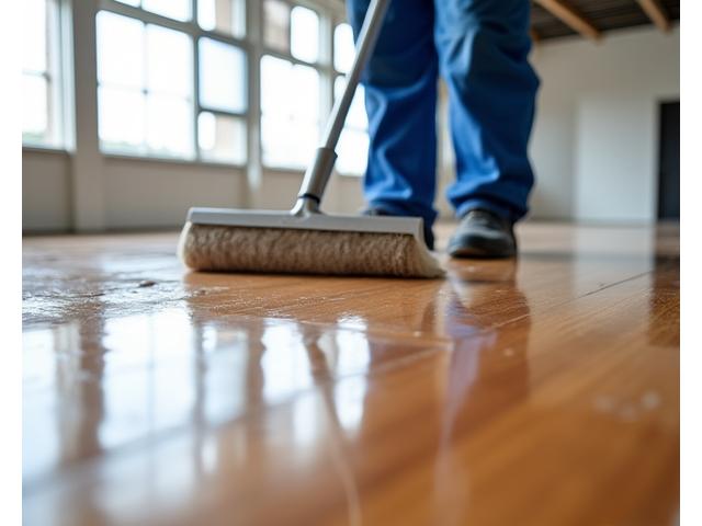 Worker applying a protective coating to a finished hardwood floor, showing a reflective surface.