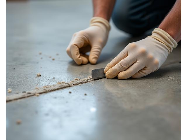 Close-up of a technician repairing a small crack in a concrete floor.