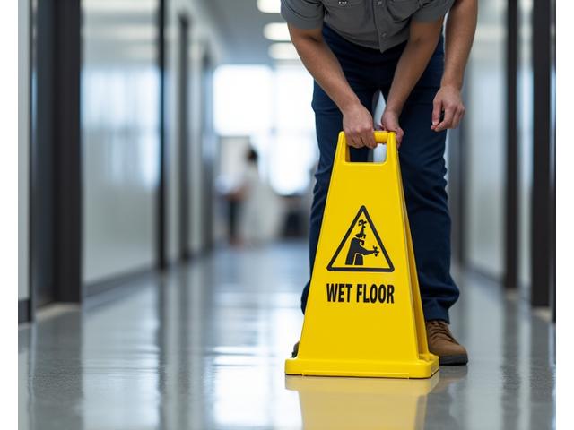 Cleaning technician placing a 'wet floor' sign, emphasizing safety protocols during floor maintenance.