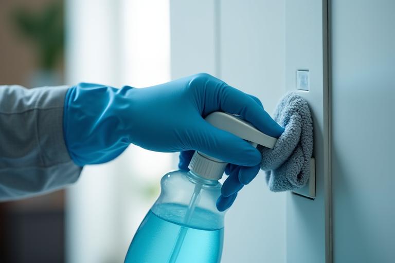Close-up of a worker in protective gear disinfecting a high-touch surface, symbolizing safety and compliance.