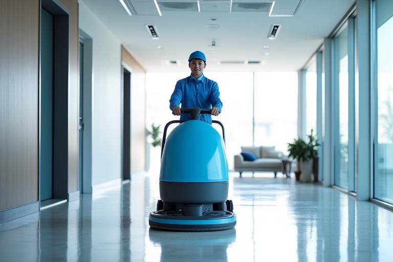 Professional cleaner operating advanced floor cleaning machine in a modern office space, symbolizing efficiency and cost savings.