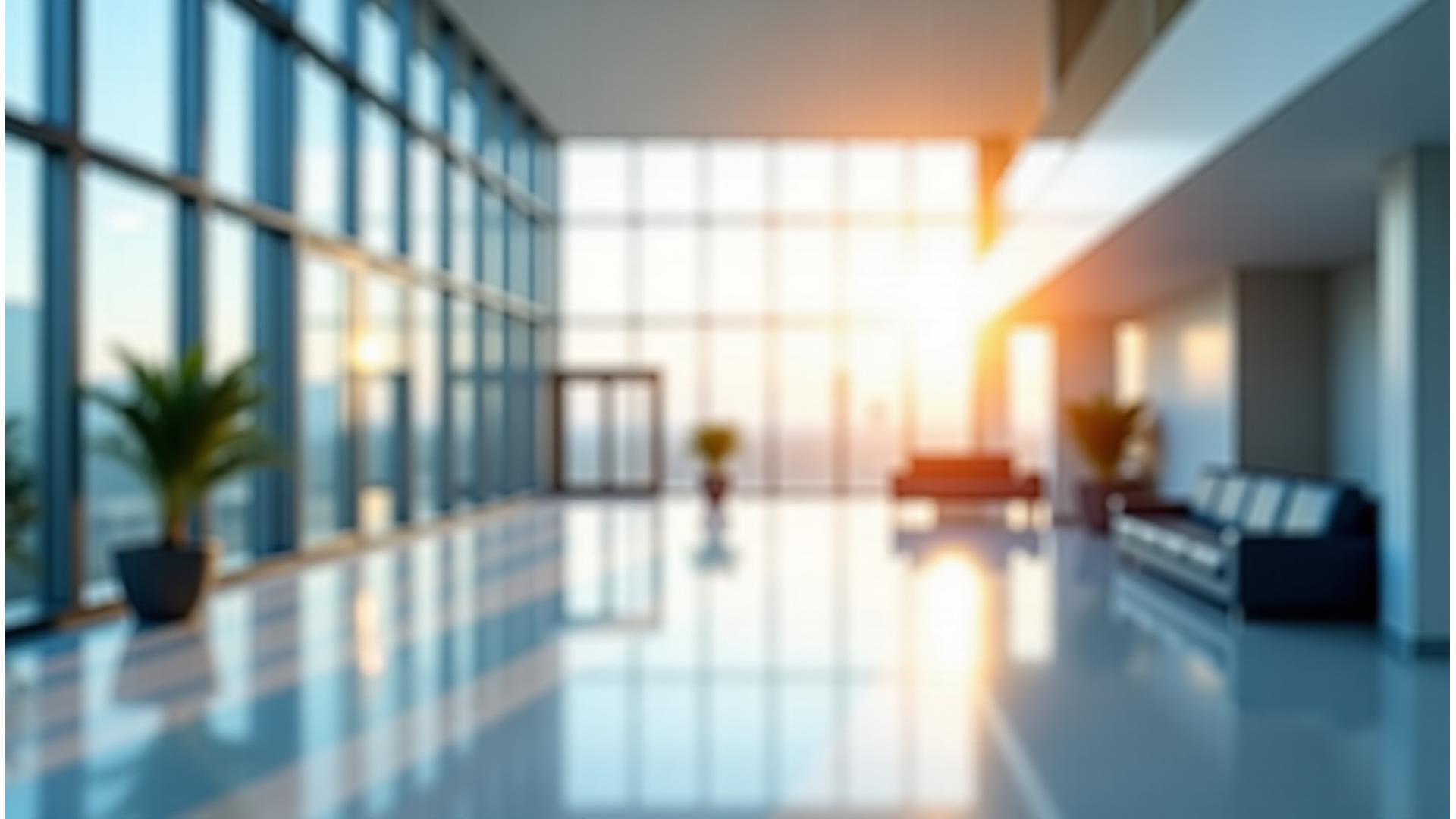 Modern, clean commercial office building lobby with natural light, representing pristine janitorial services in Dallas.