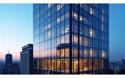 Modern office building facade at dusk.