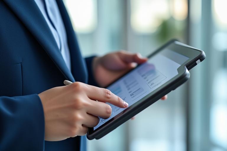 Professional cleaner checking off items on a digital tablet, symbolizing quality control.