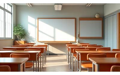Empty, clean school classroom with desks in rows.