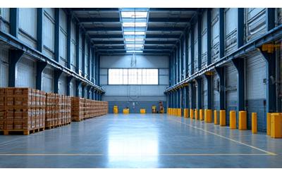 Spacious, organized industrial warehouse interior.
