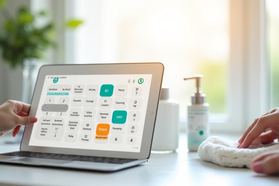 A calendar on a tablet showing available dates for booking cleaning services, with a hand pointing to a selected date, surrounded by fresh cleaning supplies.