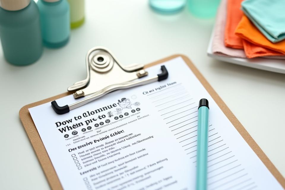 A detailed cleaning checklist on a clipboard with cleaning supplies in a perfectly organized, clean Dallas apartment.