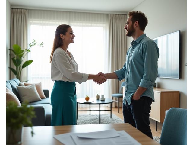 Property manager reviewing a pristine, cleaned apartment with a tenant ready to sign a lease.