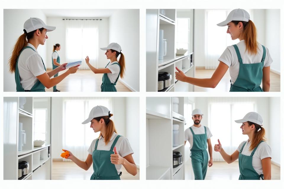 A professional cleaning team performing a systematic deep clean in an empty apartment, showing different stages of the cleaning process from start to finish.