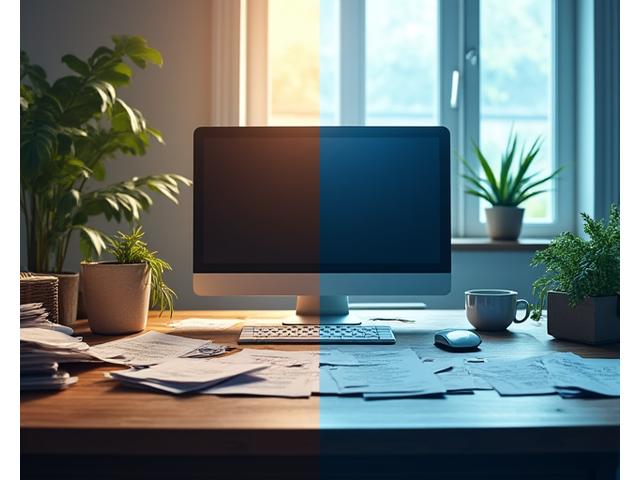 Before and after comparison of an office workspace, showing a cluttered, dusty 'before' side and a sparkling clean, organized 'after' side.