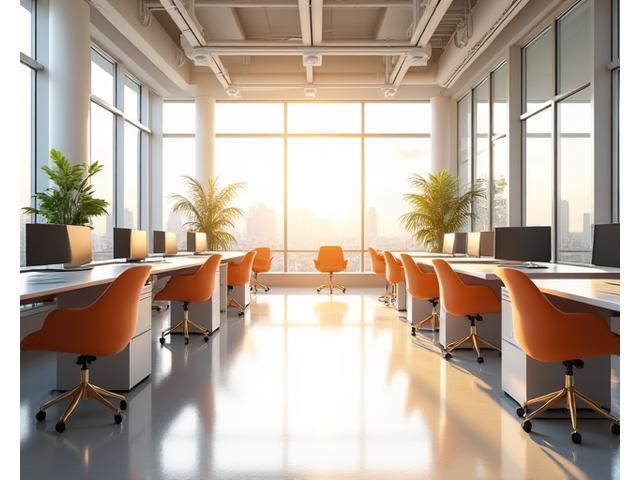 Clean, modern office space with sunlight streaming in, depicting productivity and hygiene