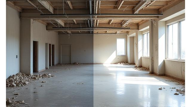 Before and after of a post-construction site, showing a dusty, debris-filled room transforming into a clean, move-in ready space.
Before: A cluttered construction site with exposed wires, drywall dust, and debris scattered across the floor.
After: The same room, now pristine with polished floors, clean walls, and fixtures, ready for occupancy. The 'after' section clearly highlights a clean, bright, and spacious environment, depicting the transformation from chaos to order.