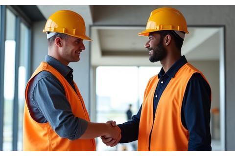 Two construction contractors in hard hats shaking hands with a Little Pepe cleaning supervisor, all smiling, on a clean, bright, recently finished construction site interior. The image conveys professionalism, trust, and a successful partnership.