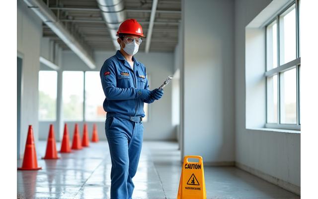 A Little Pepe cleaning technician wearing full PPE (hard hat, safety glasses, mask, gloves) meticulously cleaning a construction site, with safety cones and caution tape visible in the background. The scene emphasizes safety and professionalism amidst a dust-free, bright environment.