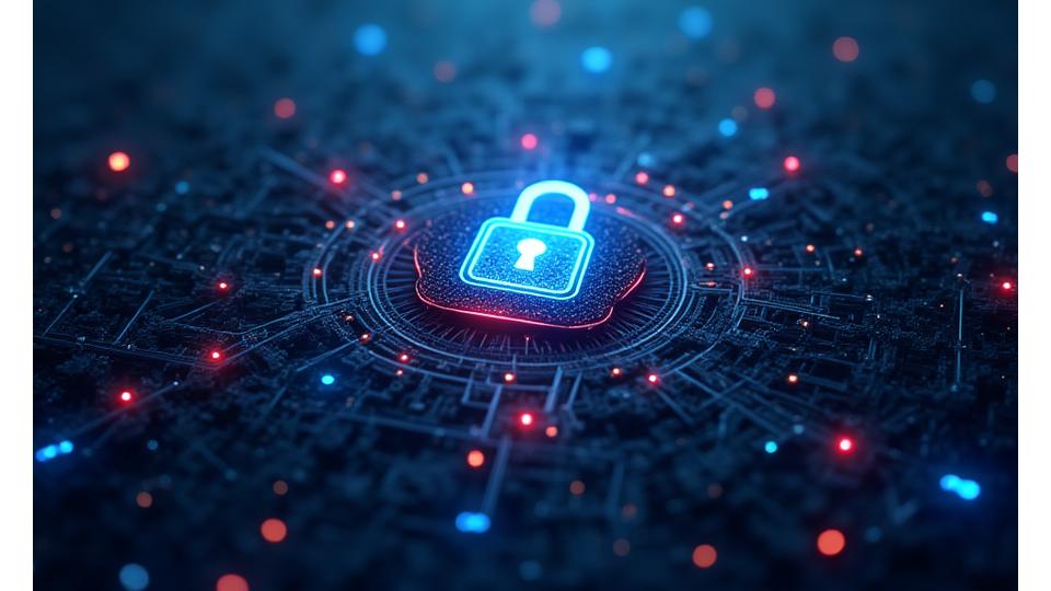 Abstract depiction of layered digital security, locks, and encryption protecting data packets