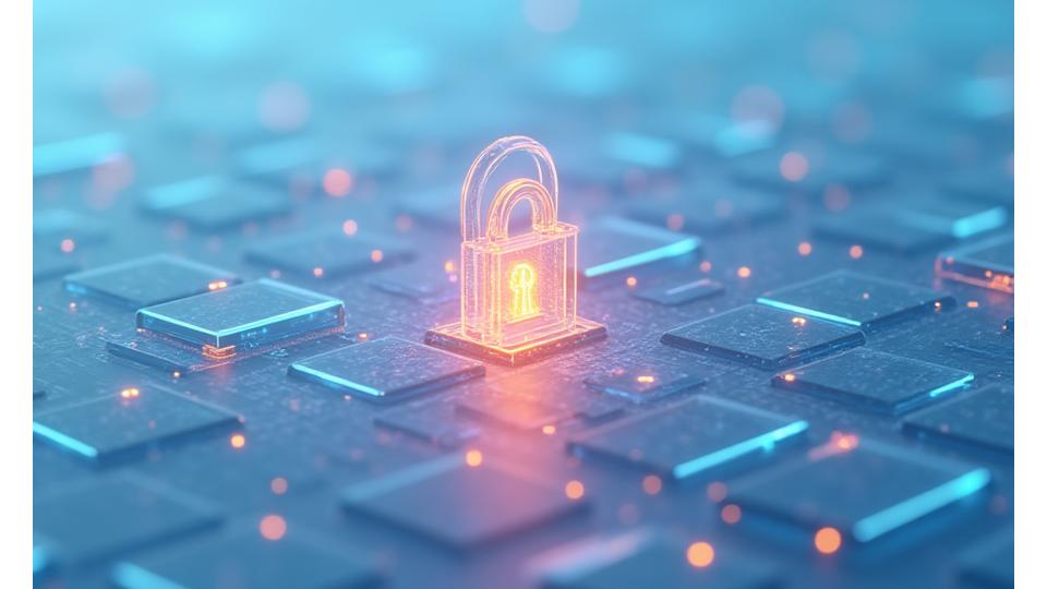 Interlocking digital blocks with a central padlock, representing controlled and secure information sharing