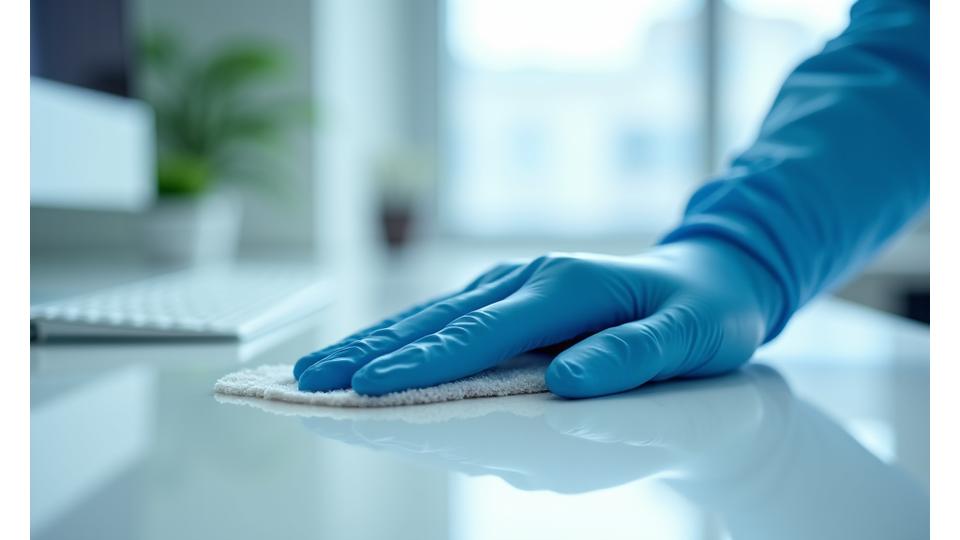 Cleaning professional performing a quality check in a spotless office environment, highlighting attention to detail.