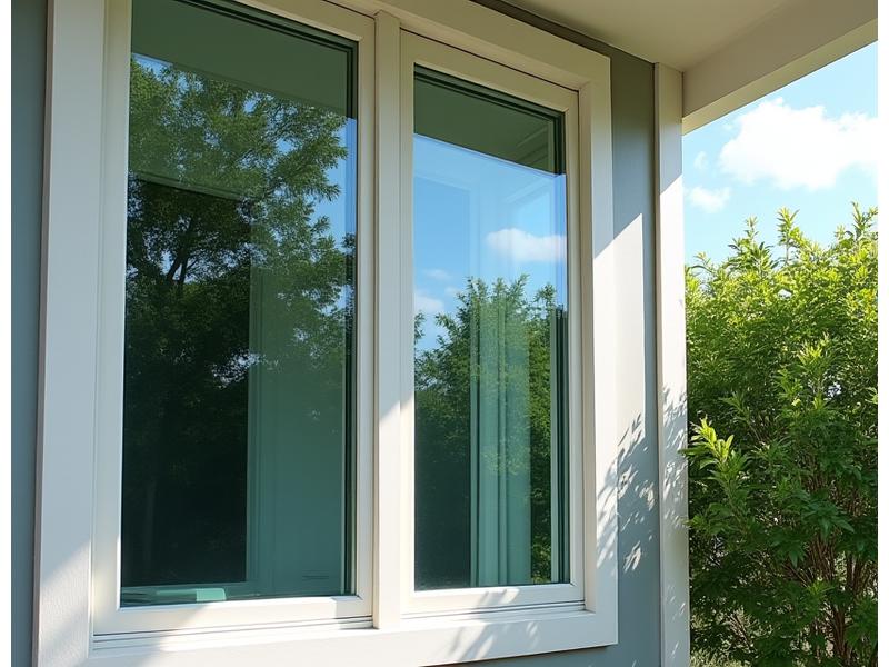 Clean, sparkling windows of a modern suburban Dallas home, reflecting the blue sky and trees, enhancing its curb appeal.